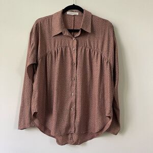 BCBGeneration Women's Black Dots Print Button-Down Curved Hem Tan Top Size S